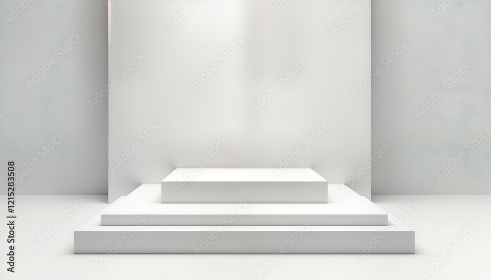 Fototapeta premium Clean white display stand. Modern, minimalist style. Empty platform with neutral background. Versatile, functional. Ideal for products in professional studio setting. Perfect for e-commerce displays,