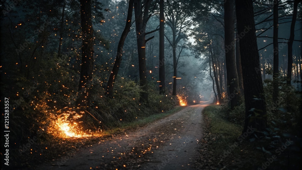 Fototapeta premium Ember sparks a warm glow on a dark forest path, foliage, trees, atmosphere, foreboding