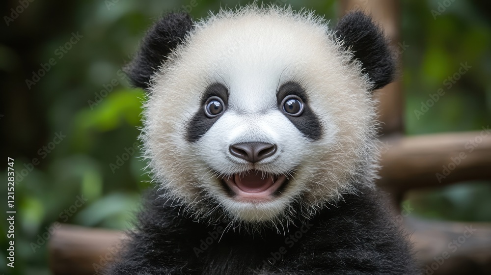 Fototapeta premium National Panda Day Adorable young panda in lush greenery with playful expression