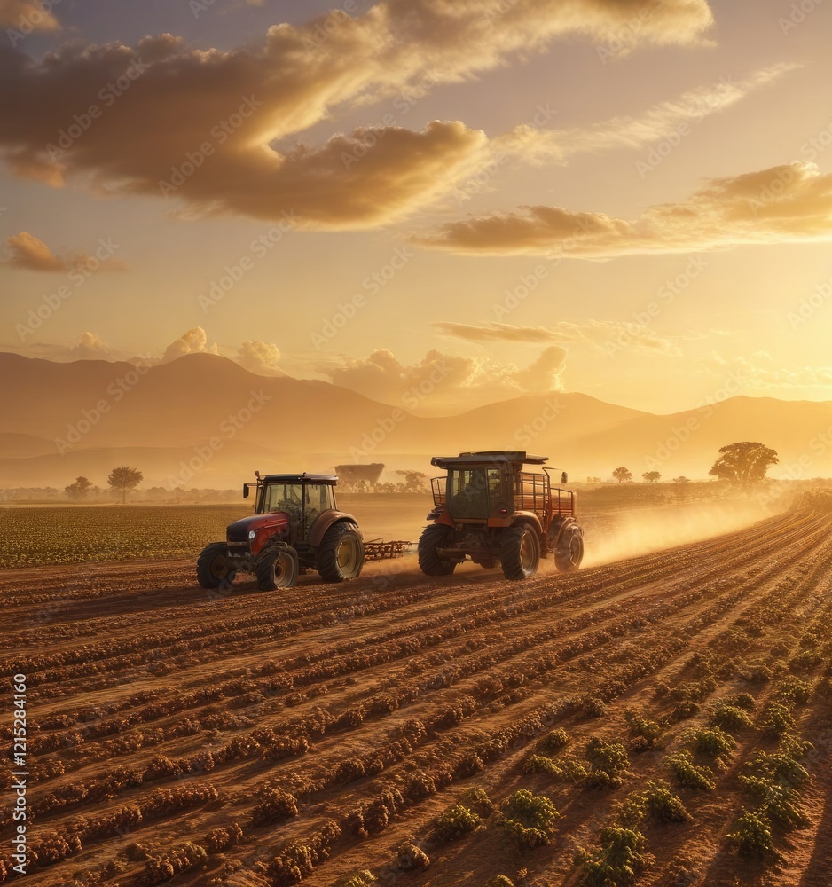 Fototapeta premium Farmer harvesting coffee beans from large fields with a tractor near a golden sunset , field, tractor