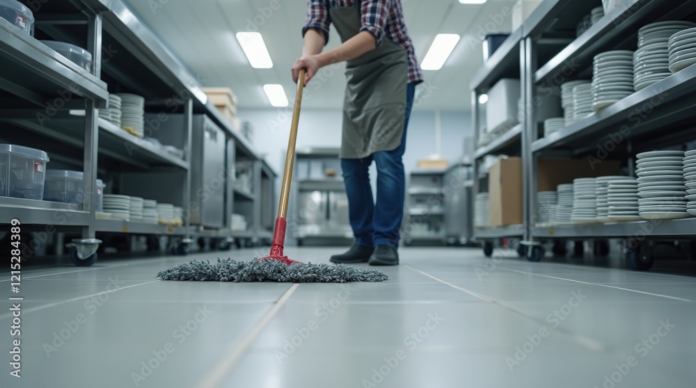 Obraz premium Worker Cleaning Kitchen Floor with Mop in a Professional Setting