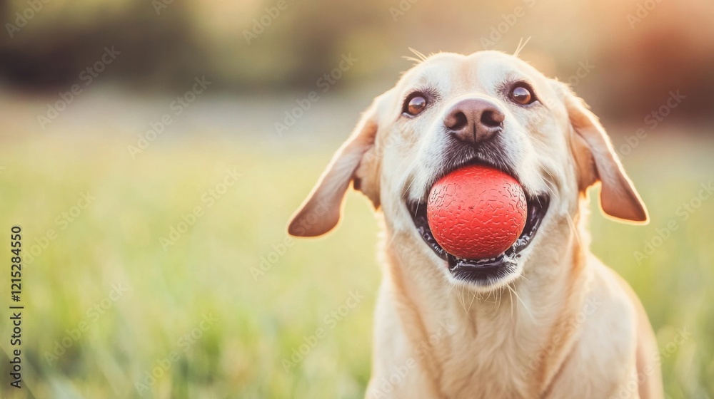 Happy Dog Fetching Ball in Bright Meadow Scene Happy Dog Fetching Ball in Bright Meadow Scene