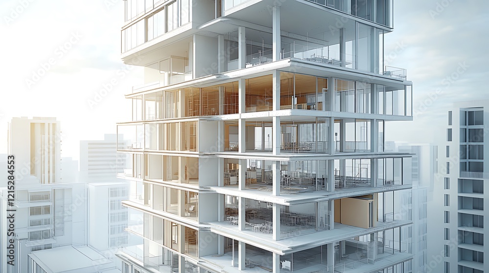 Fototapeta premium Architectural drafts illuminated by sunlight on modern drafting desk in studio image