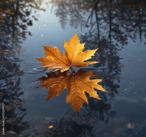 Floating golden oak leaf on a mirror-like lake surface , leaf, lake
