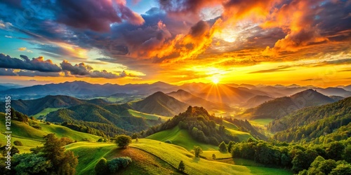Majestic Mountain Valley Panorama: Breathtaking Sunrise, Lush Green Slopes, Dramatic Peaks