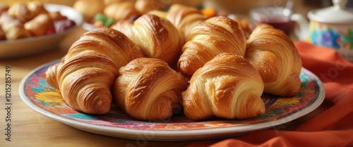 Freshly baked croissants and pastries on a colorful platter, pastries, vibrant photo