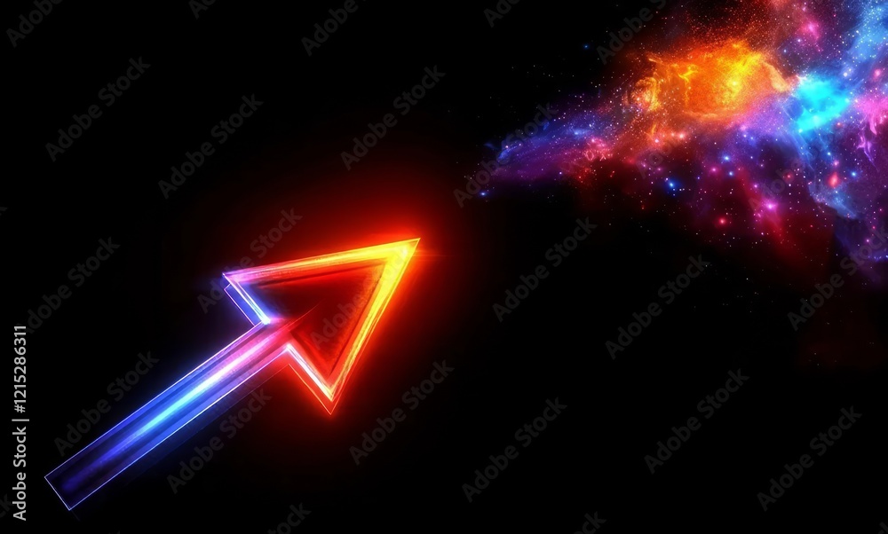 Glowing colorful shaped arrow isolated on black background with a galaxy. Glowing colorful shaped arrow isolated on black background with a galaxy.