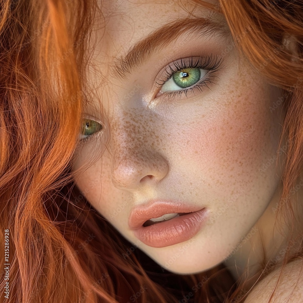 Gorgeous close-up portrait of a young woman with vibrant red hair and striking green eyes showcasing natural beauty Gorgeous close-up portrait of a young woman with vibrant red hair and striking green eyes showcasing natural beauty