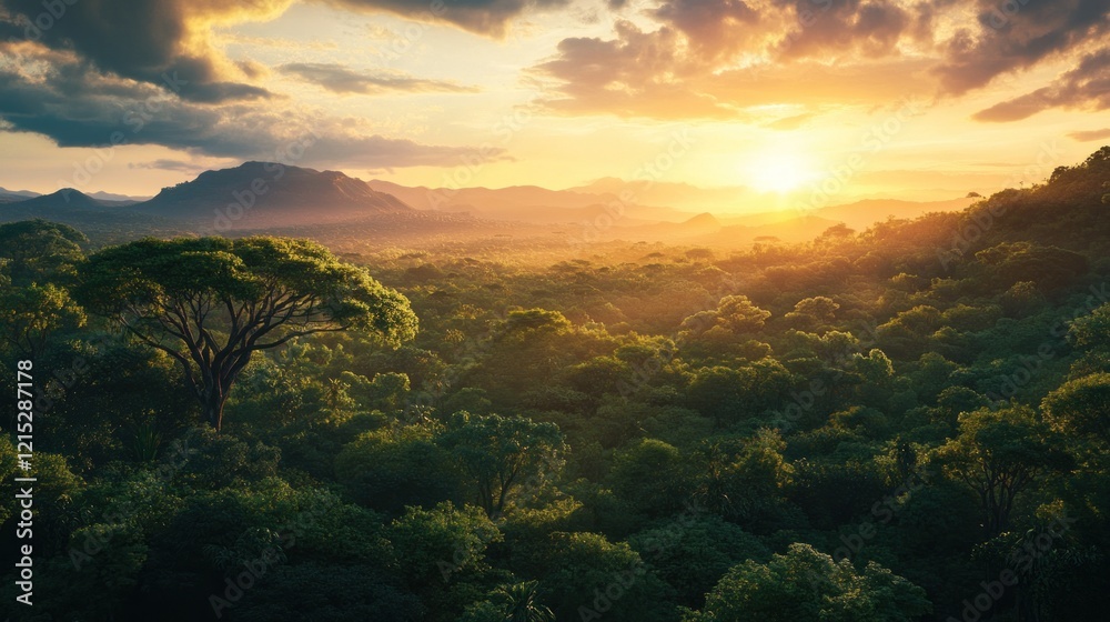 Fototapeta premium A breathtaking view of a sunrise over a lush green forest landscape with mountains in the distance