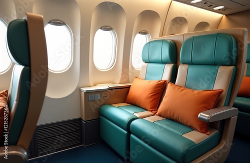 Empty first-class airplane cabin interior. Comfortable seats with large windows. Modern design. Orange, teal colored seats. No passengers visible. Travel concept. Premium airline. Luxurious travel