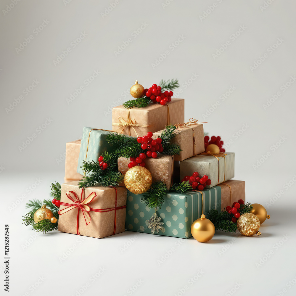 Close up view of a pile of beautifully wrapped Christmas presents with festive decorations, gifts, ribbons, holiday, decorations Close up view of a pile of beautifully wrapped Christmas presents with festive decorations, gifts, ribbons, holiday, decorations