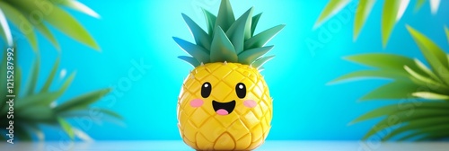 Happy Pineapple Summer Fruit - Cheerful cartoon pineapple against a bright blue background with tropical leaves. Perfect for summer themes. photo