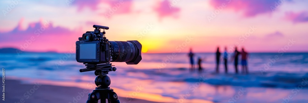 Fototapeta premium Sunset Beach Film Shoot - Camera on tripod films beach sunset; family silhouettes, vibrant colors, peaceful scene, cinematic capture, coastal beauty.