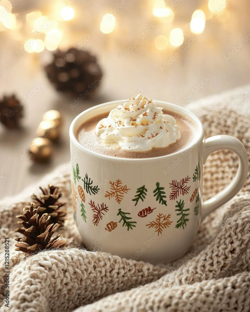 hot chocolate with whipped cream and pinecone decorations
