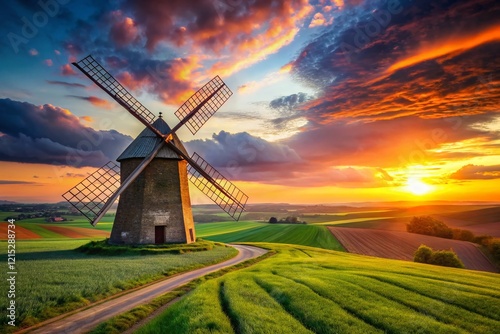 Majestic Old Windmill at Sunset, Moravian Spring Fields Panorama photo