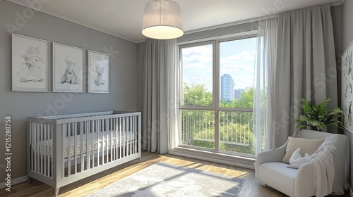 Modern Baby Room with Crib and City View - Minimalist Design and Natural Light