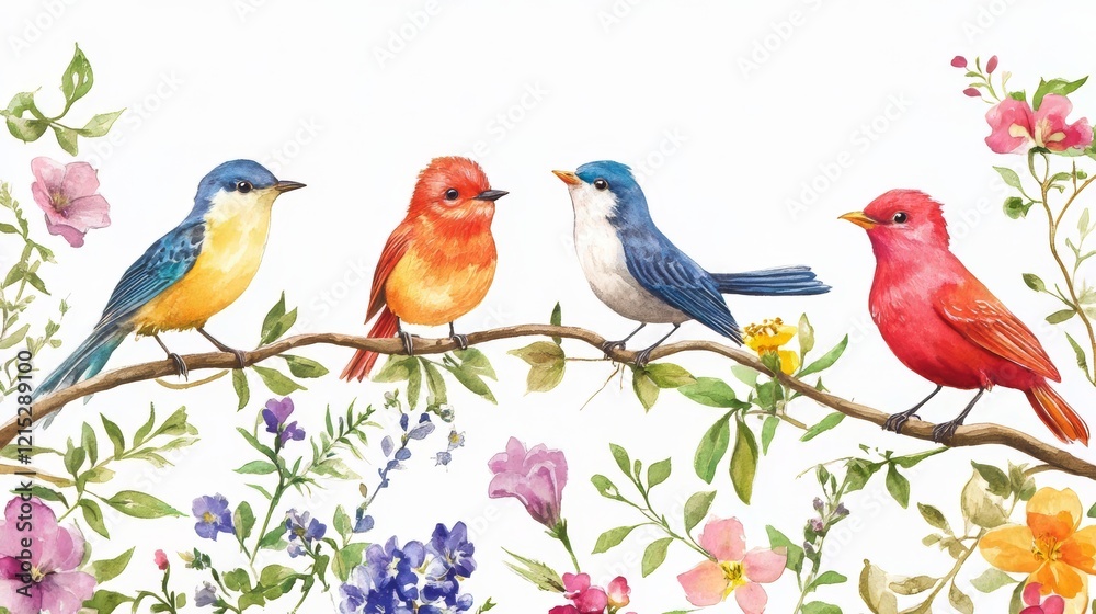Obraz premium Colorful Birds on Branch with Flowers: A Watercolor Painting of Nature