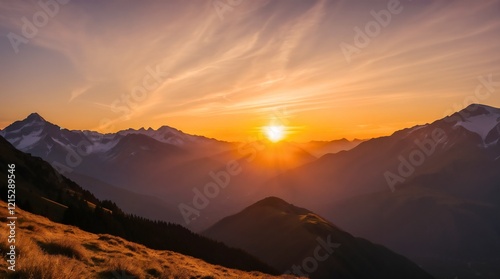 A shot captures a golden sunrise over majestic mountains, bathed in breathtaking, serene light. The scenic landscape exudes peace, with panoramic views showcasing nature's awe-inspiring beauty.