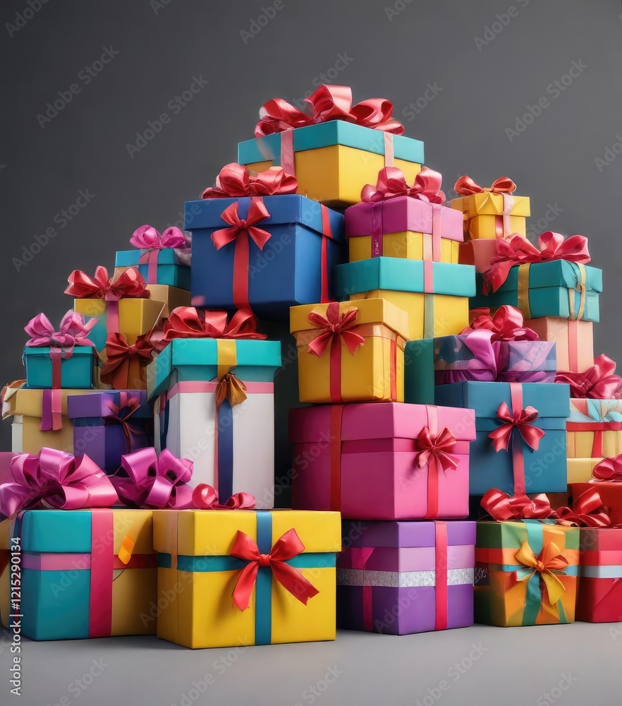 Fototapeta premium Colorful gift boxes stacked horizontally with matching bows at the top and bottom, colorful gifts, gift wrapping