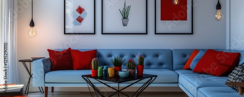 A powder blue corner sofa with bright red pillows photo