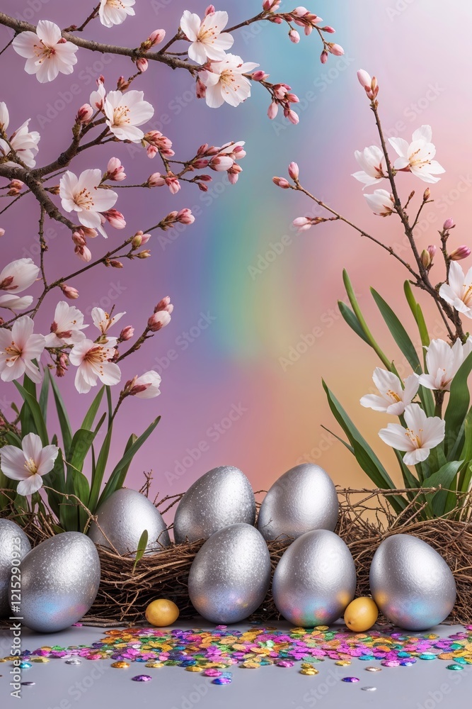 Fototapeta premium Silver Easter eggs nestled in straw with flowering branches and rainbow background