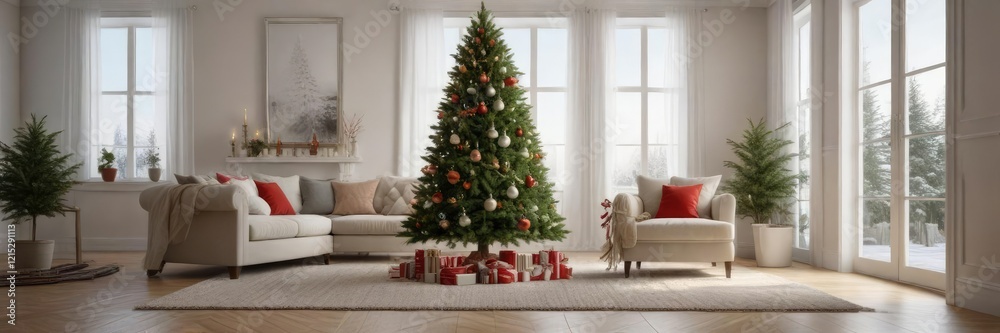 Decorative Christmas tree with ornaments in a bright living room , holiday ambiance, winter wonderland, home interior Decorative Christmas tree with ornaments in a bright living room , holiday ambiance, winter wonderland, home interior