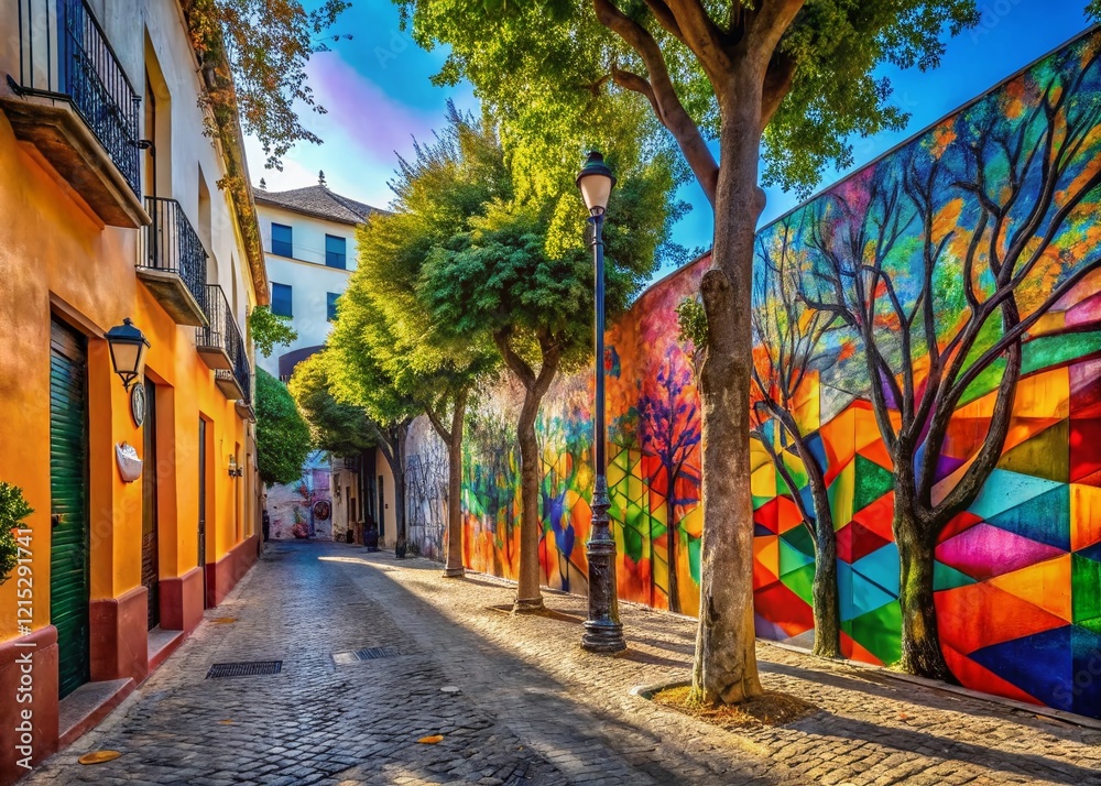 Fototapeta premium Ronda, Malaga, Spain: Vibrant Graffiti Art & Lush Trees - October 22, 2024