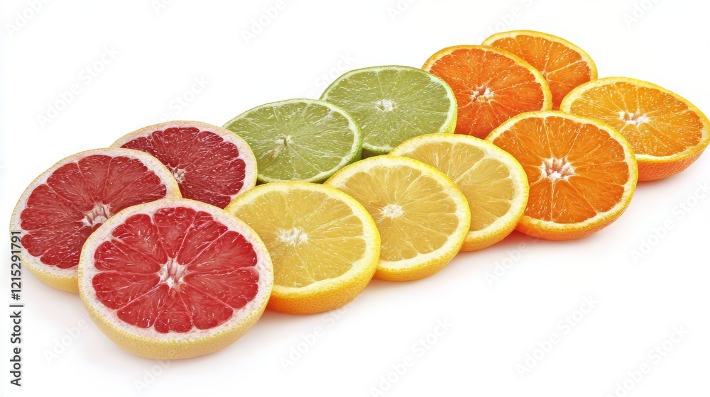 A vibrant array of citrus fruit slices: Grapefruit, oranges, lemons, and limes. A vibrant array of citrus fruit slices: Grapefruit, oranges, lemons, and limes.
