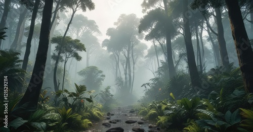 Fototapeta Naklejka Na Ścianę i Meble -  Dense jungle with tall trees and misty atmosphere, dense jungle, foggy forest