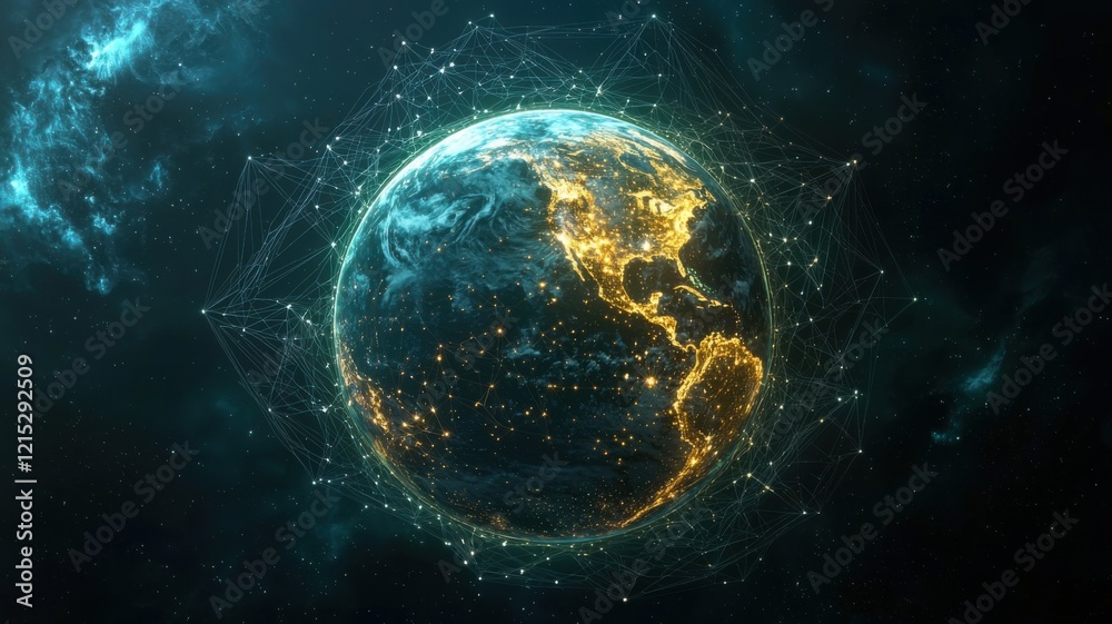 Obraz premium Global connectivity illuminated earth data visualization technology night high angle digital transformation