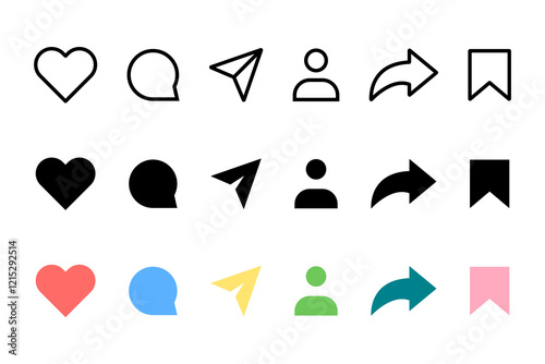 Social media icons. Social network buttons for design. Thumbs up, heart, comment, repost and follow. Vector illustration.