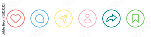 Like, Share, comment and love heart icon buttons. Love, heart, thumb up, comment, share. Vector illustration.