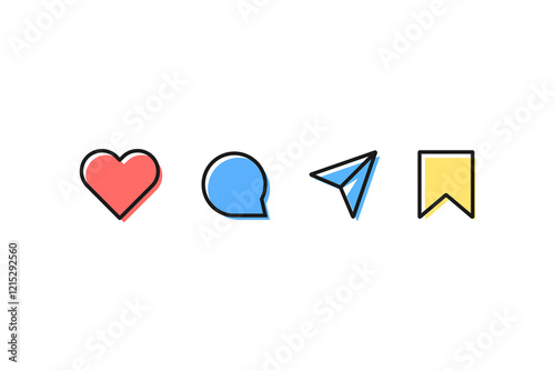 Icon of like, message, save, comment. Button with thumb, dislike, heart and love symbols. New social network with media logo. emoji for app and notifications. Vector.