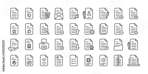 Document icons. Document icon set. Set of 32 outline icons related to document, files, message, security. Linear icon collection. Editable stroke. Vector illustration.