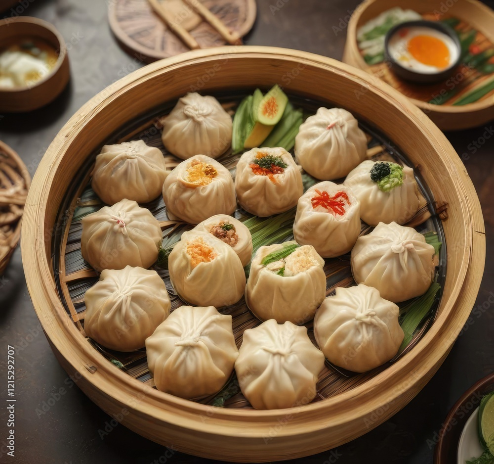 Dim sum dishes in a bamboo steamer with sauce and garnish , bamboo steamer, dim sum Dim sum dishes in a bamboo steamer with sauce and garnish , bamboo steamer, dim sum