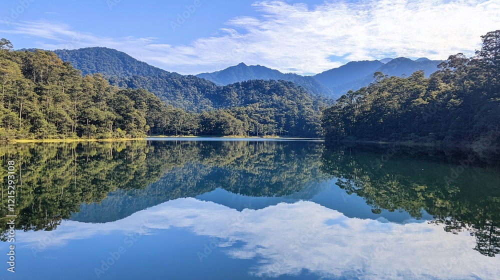 Serene mountain lake reflection, tranquil landscape, peaceful nature scene, ideal for travel brochures Serene mountain lake reflection, tranquil landscape, peaceful nature scene, ideal for travel brochures