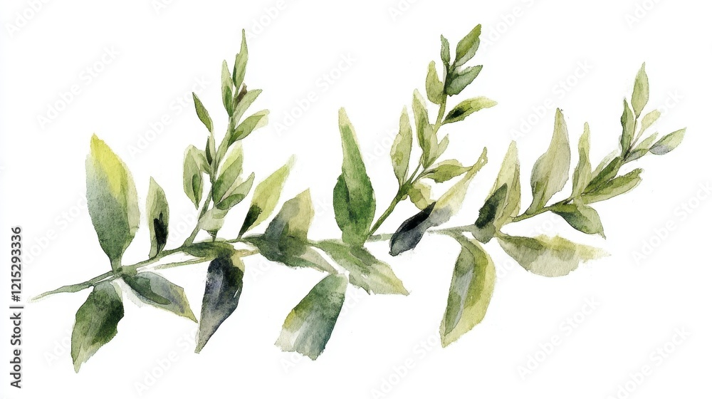National Sage Day. Watercolor botanical illustration of green leaves branch with soft hues
