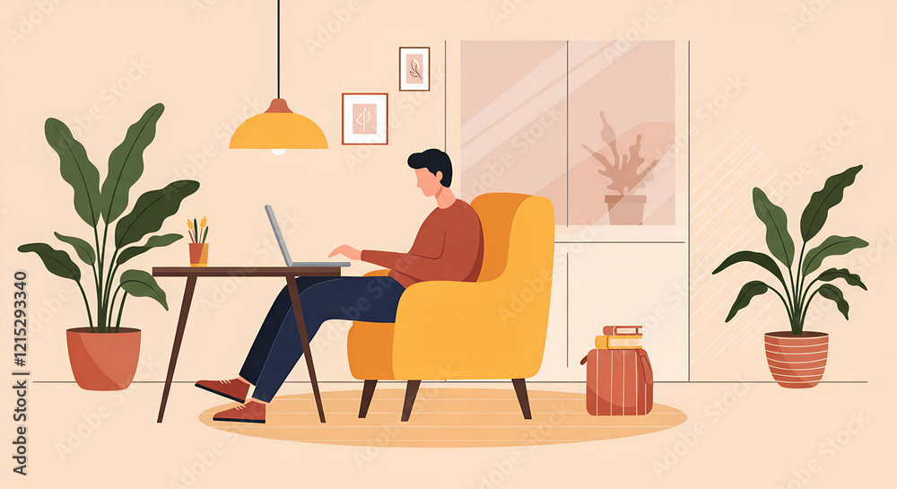 Fototapeta premium A person sitting in a chair with a laptop in a cozy room with plants and a window.