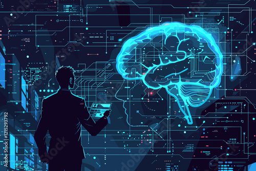 Businessman Analyzing AI Neural Network with Digital Brain and Circuit Board for Futuristic Innovation