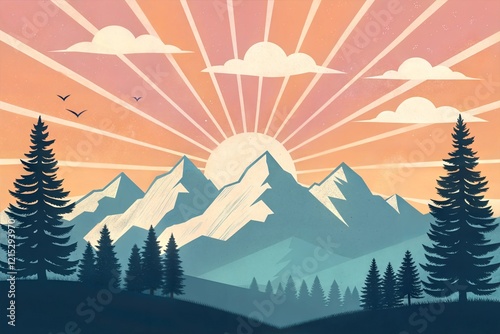 Majestic mountain landscape illustration at sunrise with vibrant colors and silhouettes of trees photo