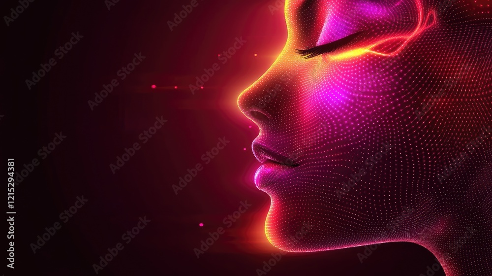 Abstract Digital Art of Woman's Profile with Neon Lights and Dots in Futuristic Style Abstract Digital Art of Woman's Profile with Neon Lights and Dots in Futuristic Style