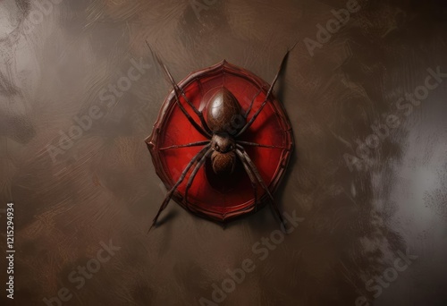 Dark brown spider with red hourglass shape on wall panel, danger, warning, venomous photo