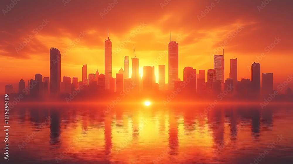 Fototapeta premium Fiery sunset cityscape waterfront reflection, urban sunrise