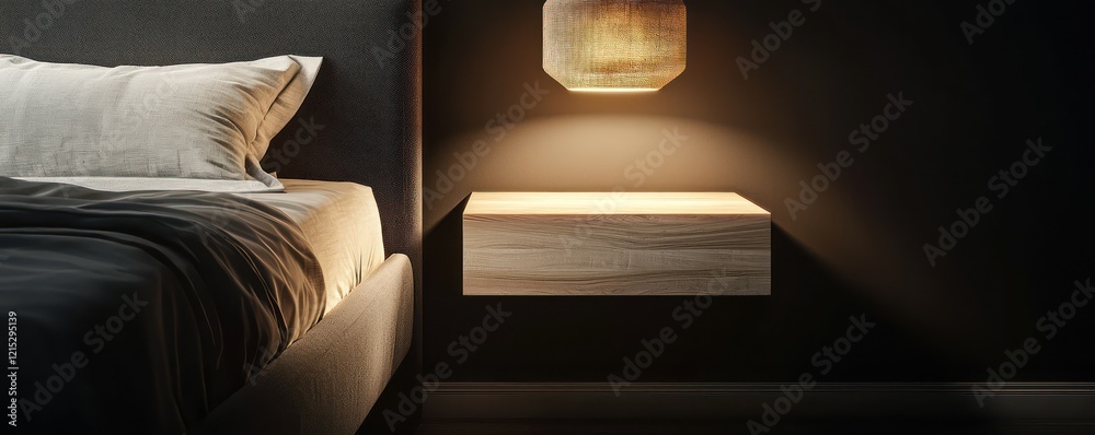 A sleek bedroom with dark espresso walls and a floating nightstand crafted from light beech wood A sleek bedroom with dark espresso walls and a floating nightstand crafted from light beech wood