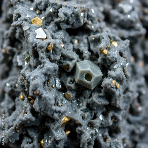 Macro view of a rough, uncut kimberlite diamond ore rock specimen, showcasing its characteristic blue-grey color and sparkly, metallic mineral inclusions. photo