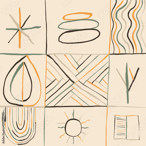 Neo-Primitive Grid with Hand-Drawn Desert Motifs