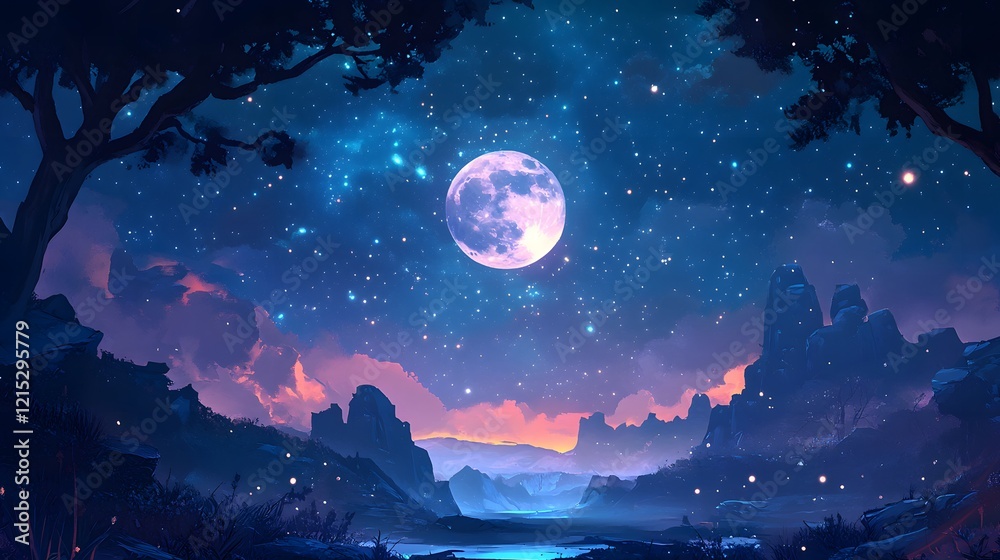 Fototapeta premium Serene Night Landscape With Full Moon And Stars