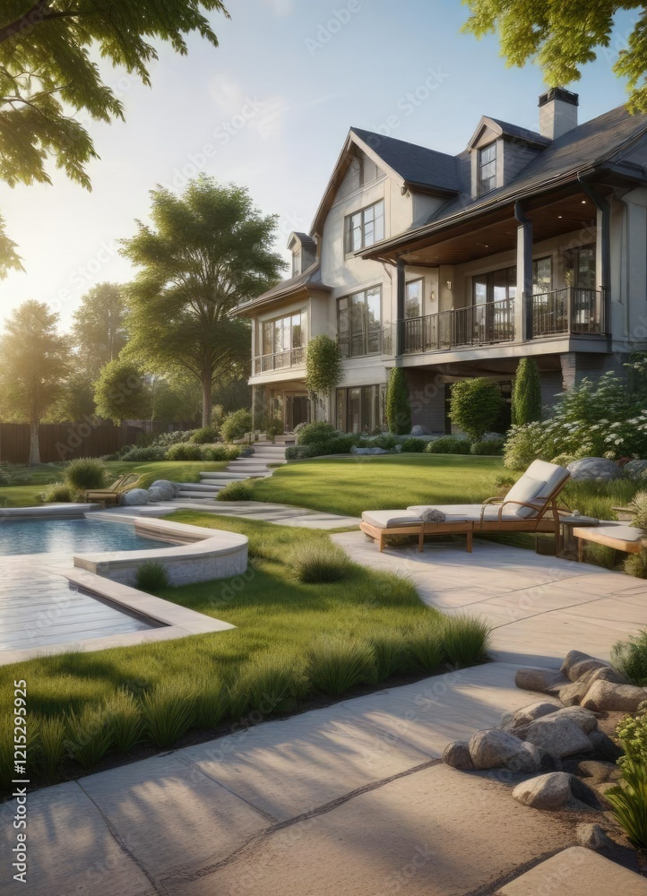 Expansive backyard of a luxurious suburban home, fire pit, outdoor kitchen, backyard oasis