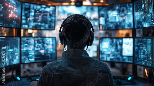 A young person wearing headphones, surrounded by multiple screens running downloaded scripts for cyber attacks. 321 photo