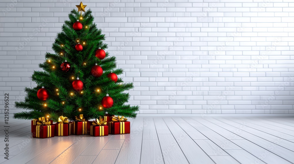 Christmas tree decorated with ornaments and surrounded by wrapped presents in a festive setting Christmas tree decorated with ornaments and surrounded by wrapped presents in a festive setting